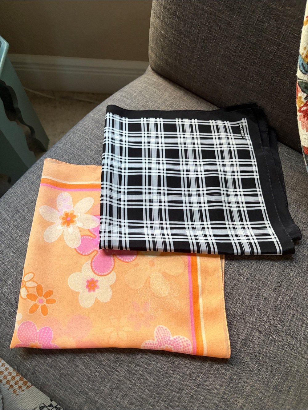Preston & York Orange Floral and Black Plaid Decorative square scarves
